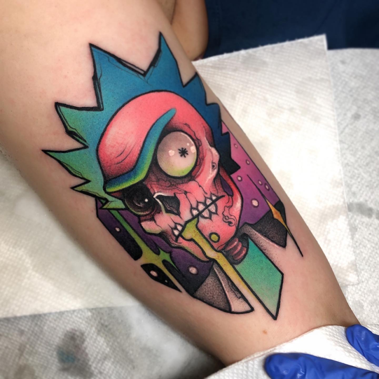 Skull with colorful hair new school tattoo on the forearm by ceci✨, Edinburg, Texas