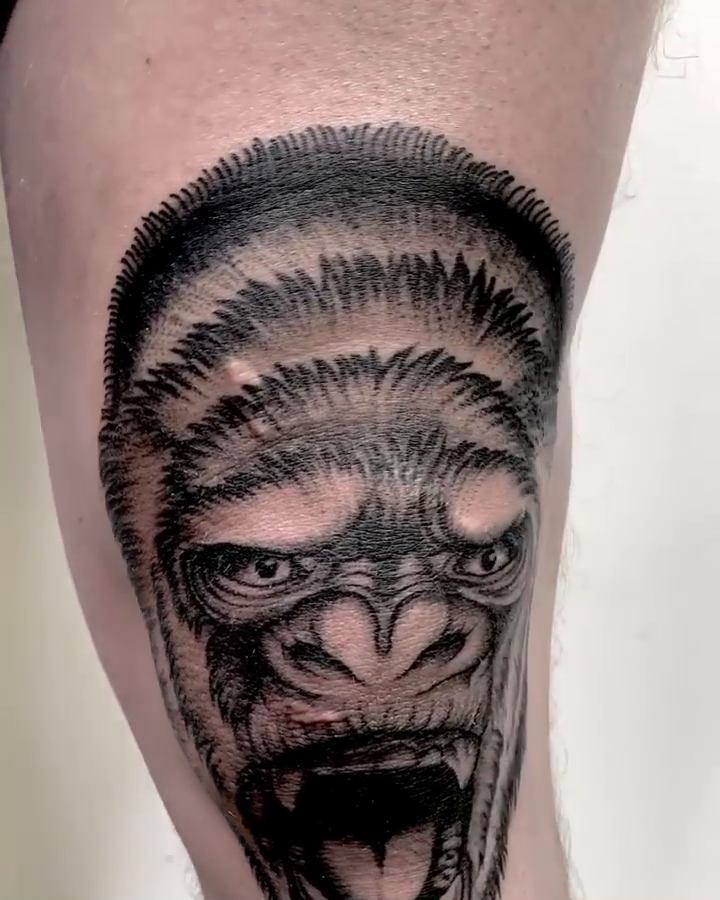 Gorilla face realism tattoo by Chelsea Darling