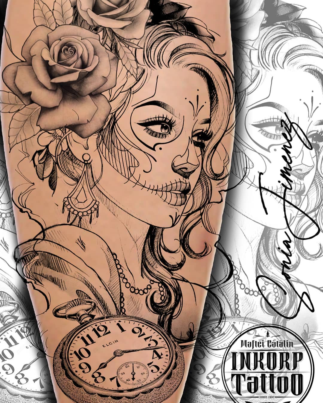 Woman with roses and pocket watch realism tattoo on the forearm by Sonia