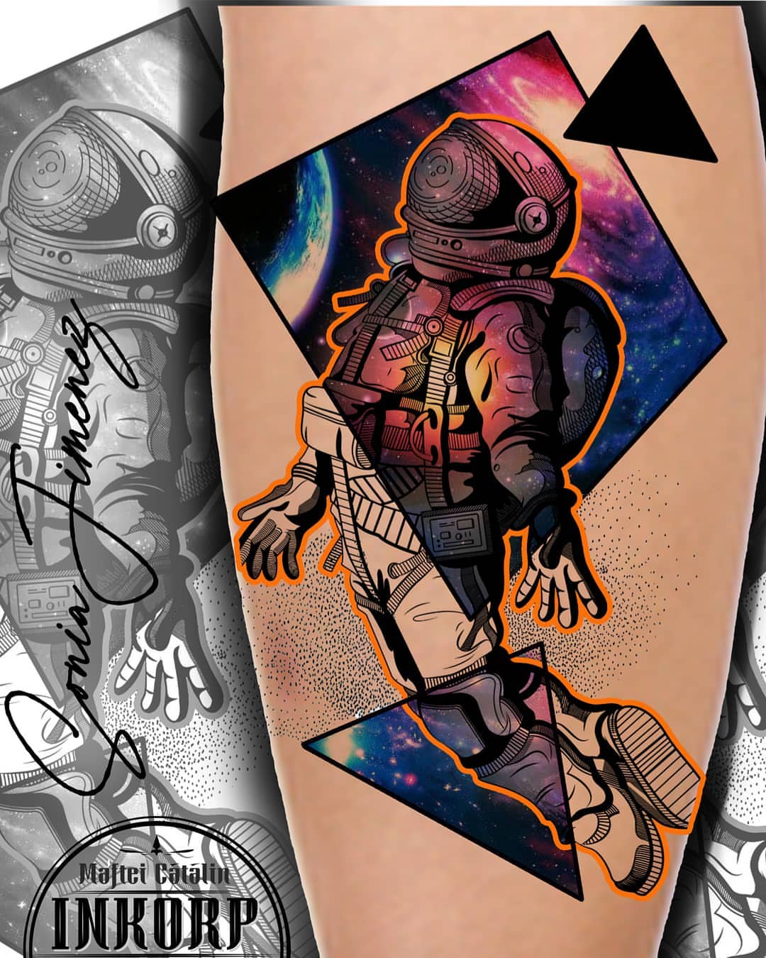 Astronaut dotwork tattoo on the thigh by Sonia