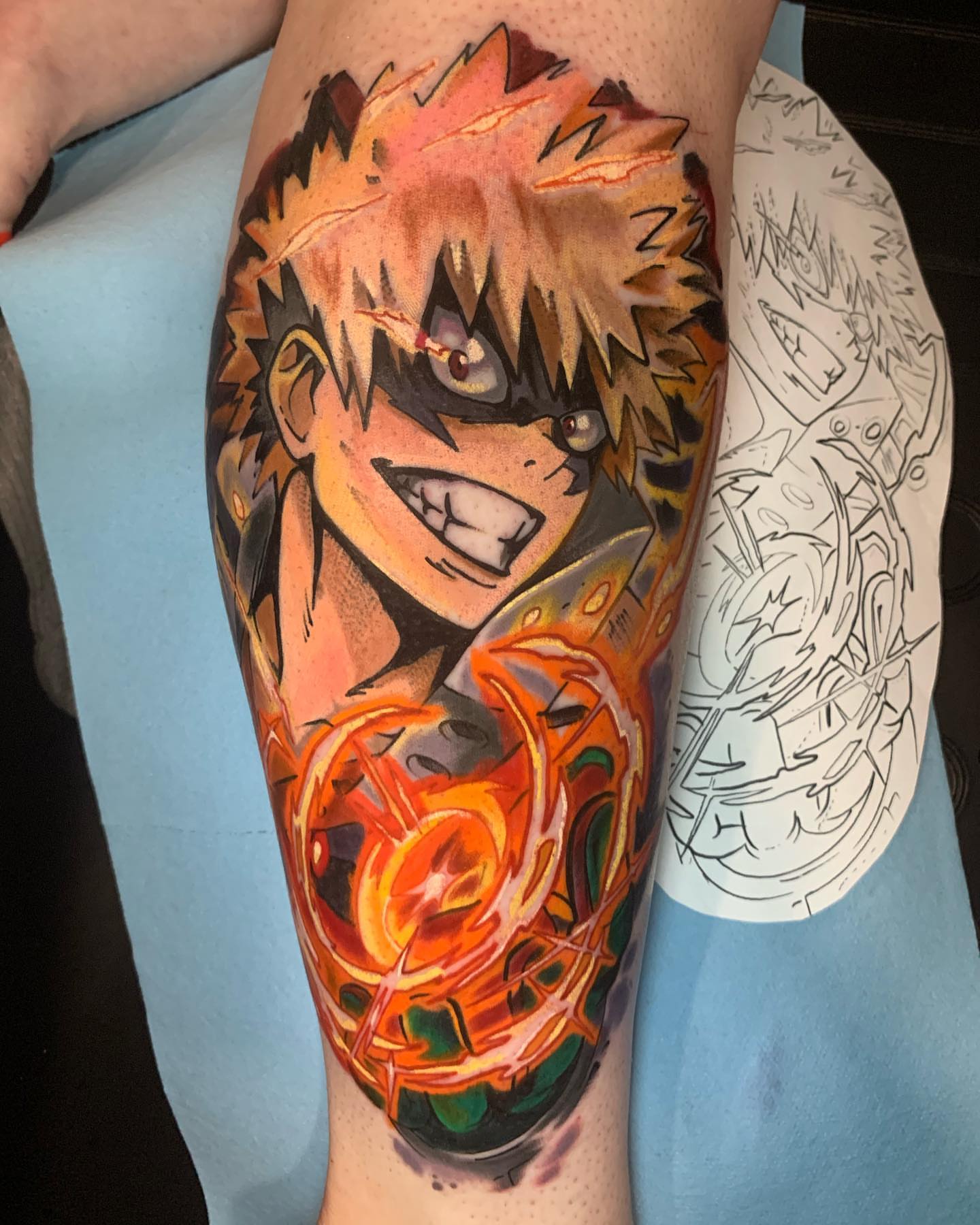 Anime character anime tattoo on the leg by Kara Klenk