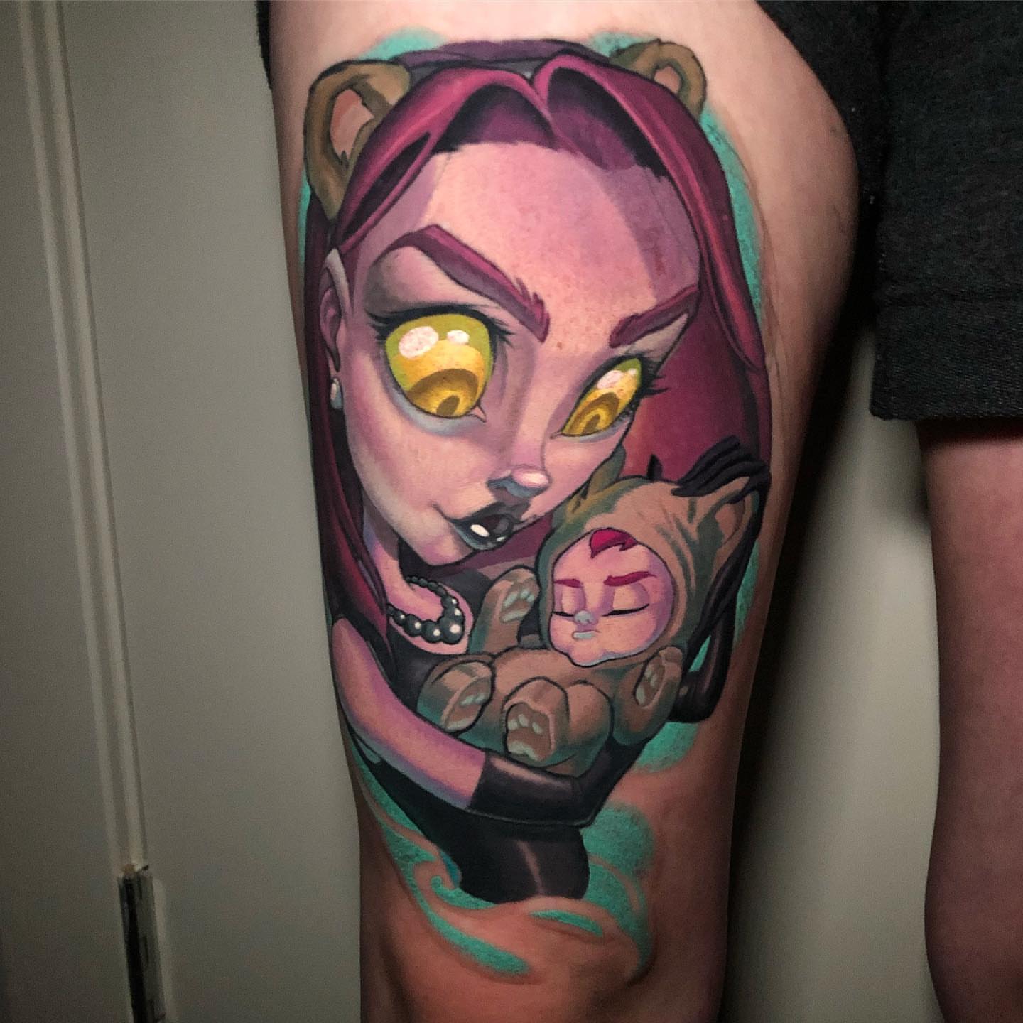 Cat woman anime tattoo on the thigh by Tim Stafford