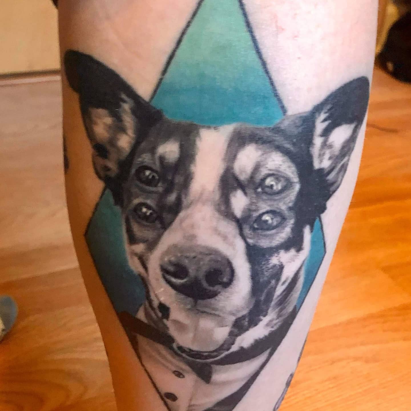 Dog realism tattoo on the forearm by Dan Redding