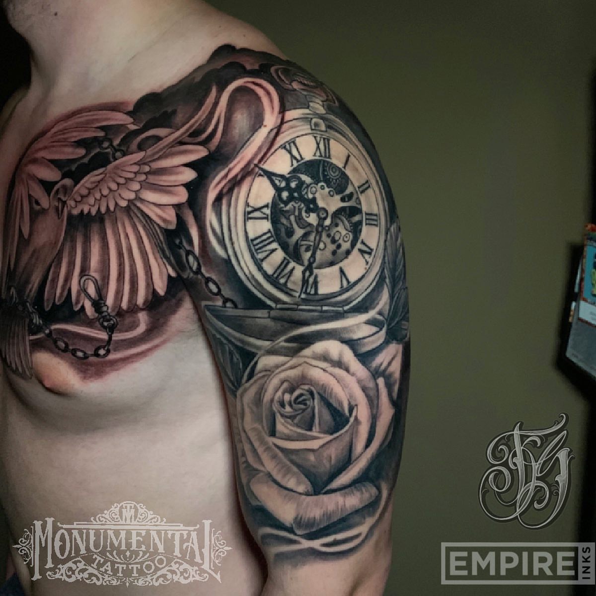 Clock and bird realism tattoo on the shoulder by Joe Shepp