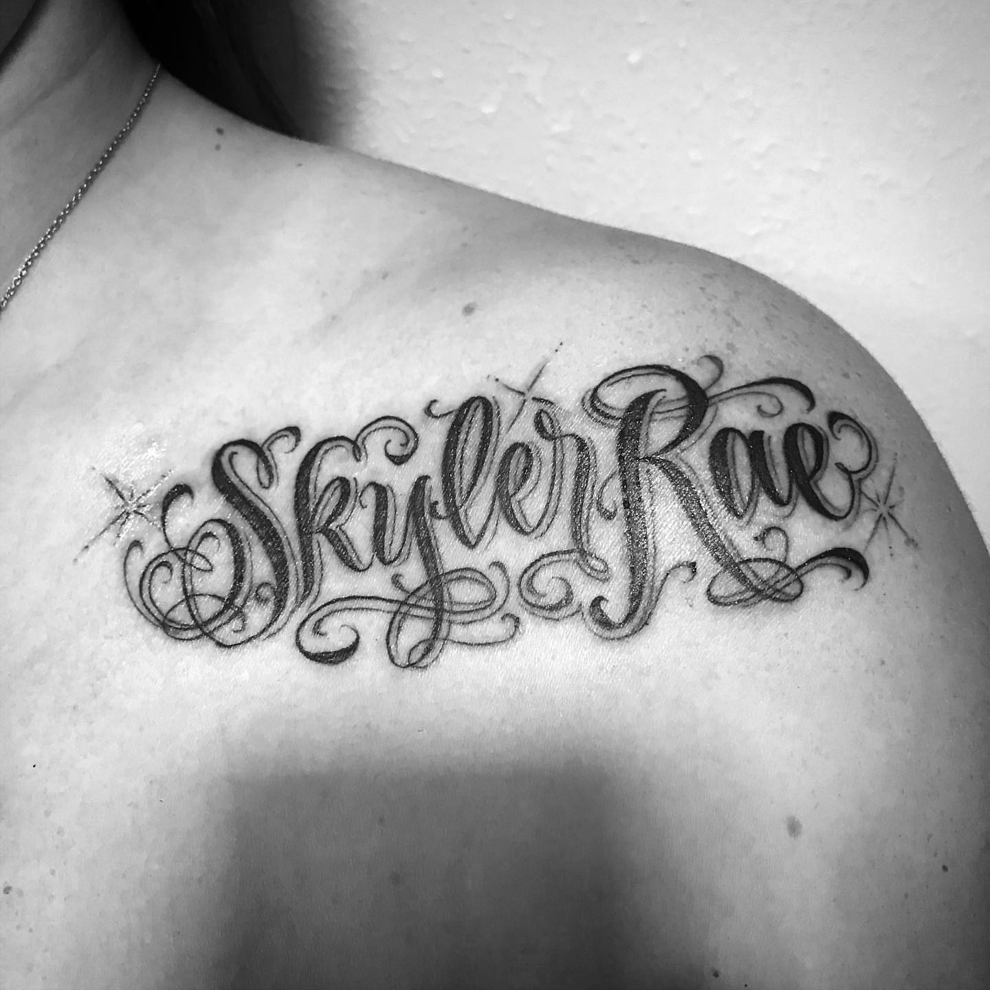 Skyler Rae lettering script tattoo on the shoulder by π π π β π π π π