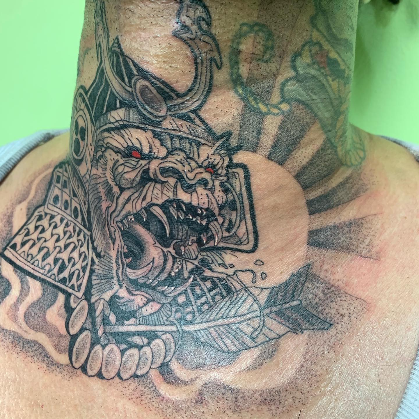 Warrior realism tattoo on the neck by TattoozbyAlexander
