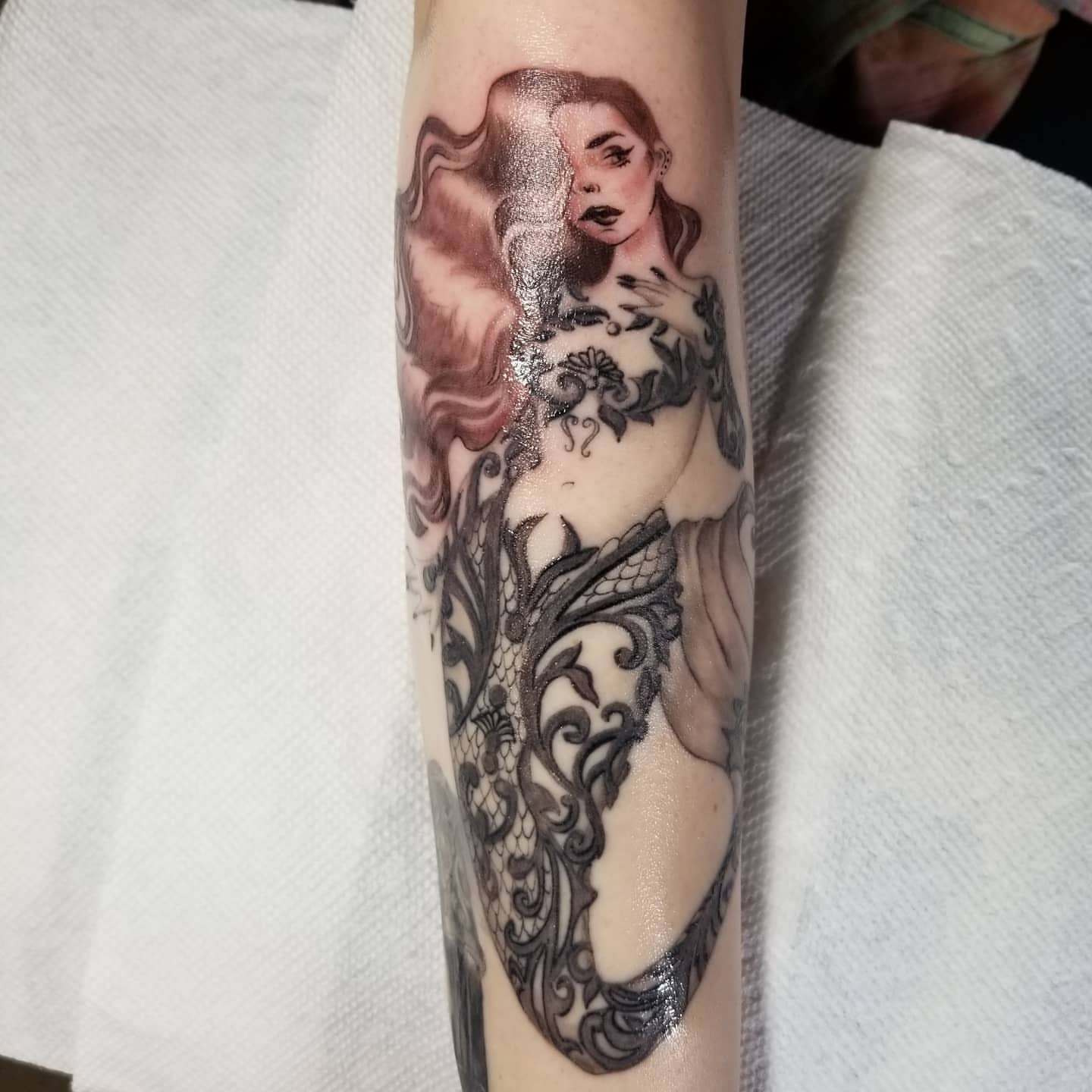 Mermaid realism tattoo on the forearm by Miguel-C, Houston, Texas