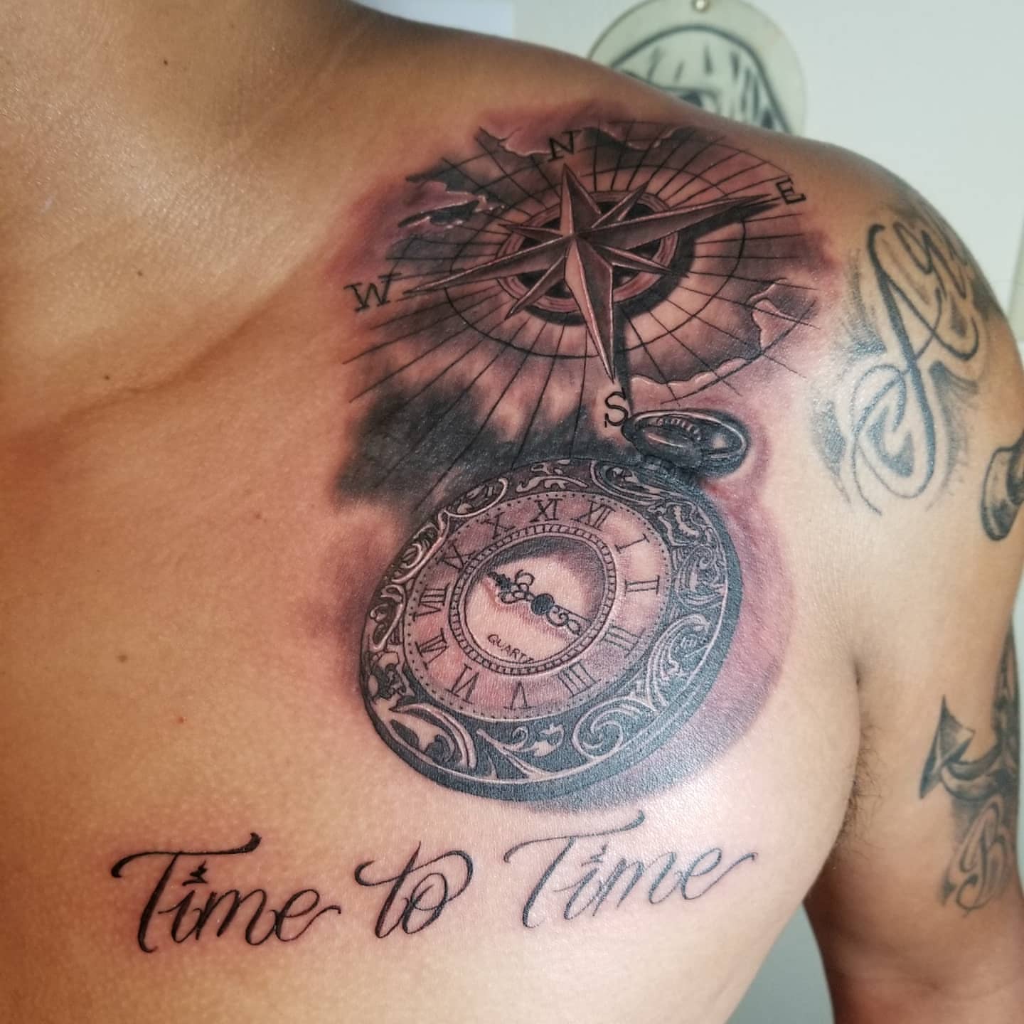 Compass and pocket watch realism tattoo on the chest by Miguel-C, Houston, Texas