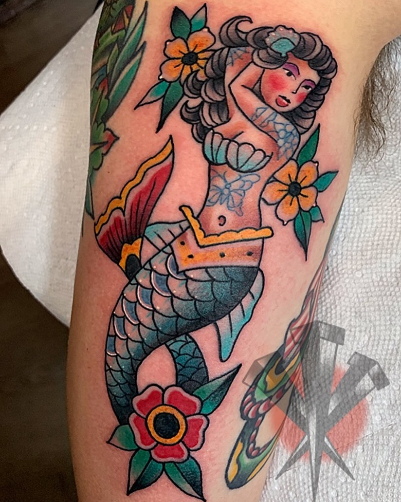 Mermaid American traditional tattoo on the forearm by George Weibe