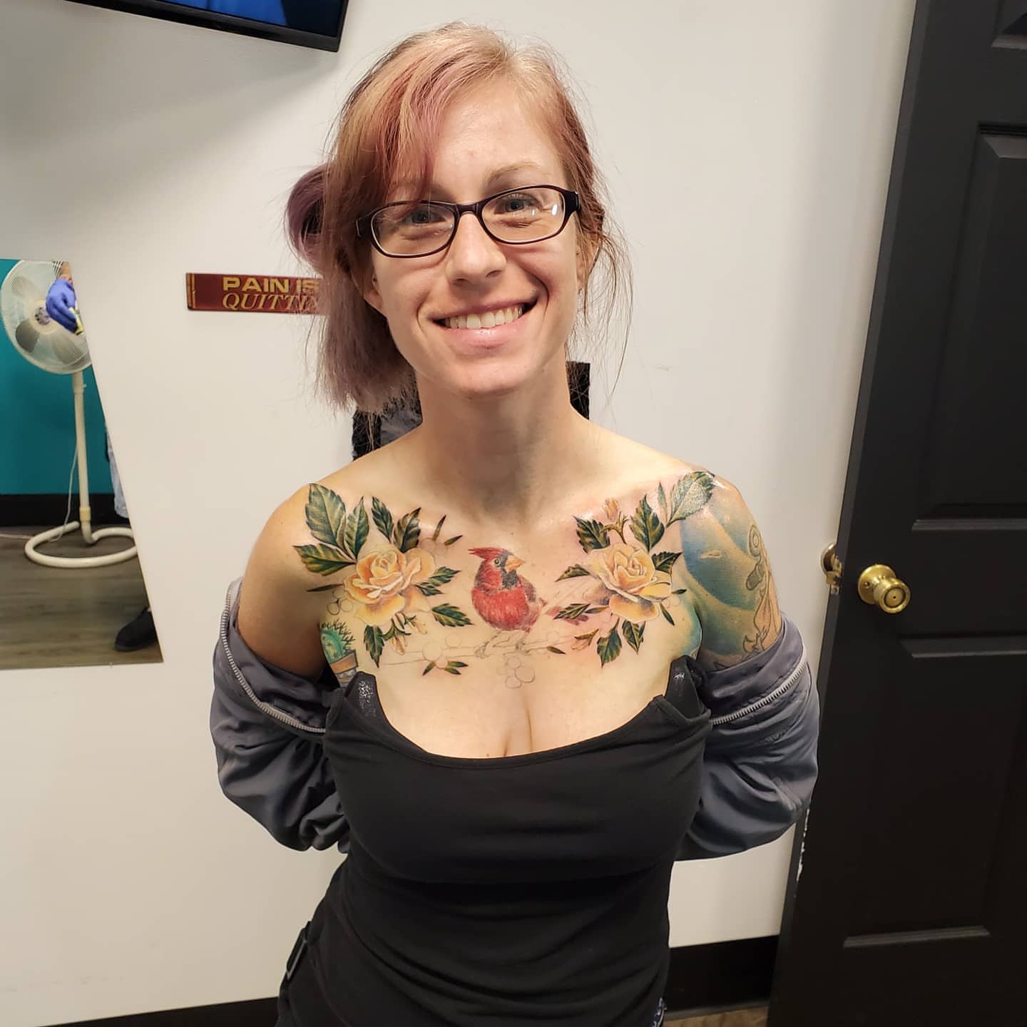 Bird and roses American traditional tattoo on the chest by @stevison15