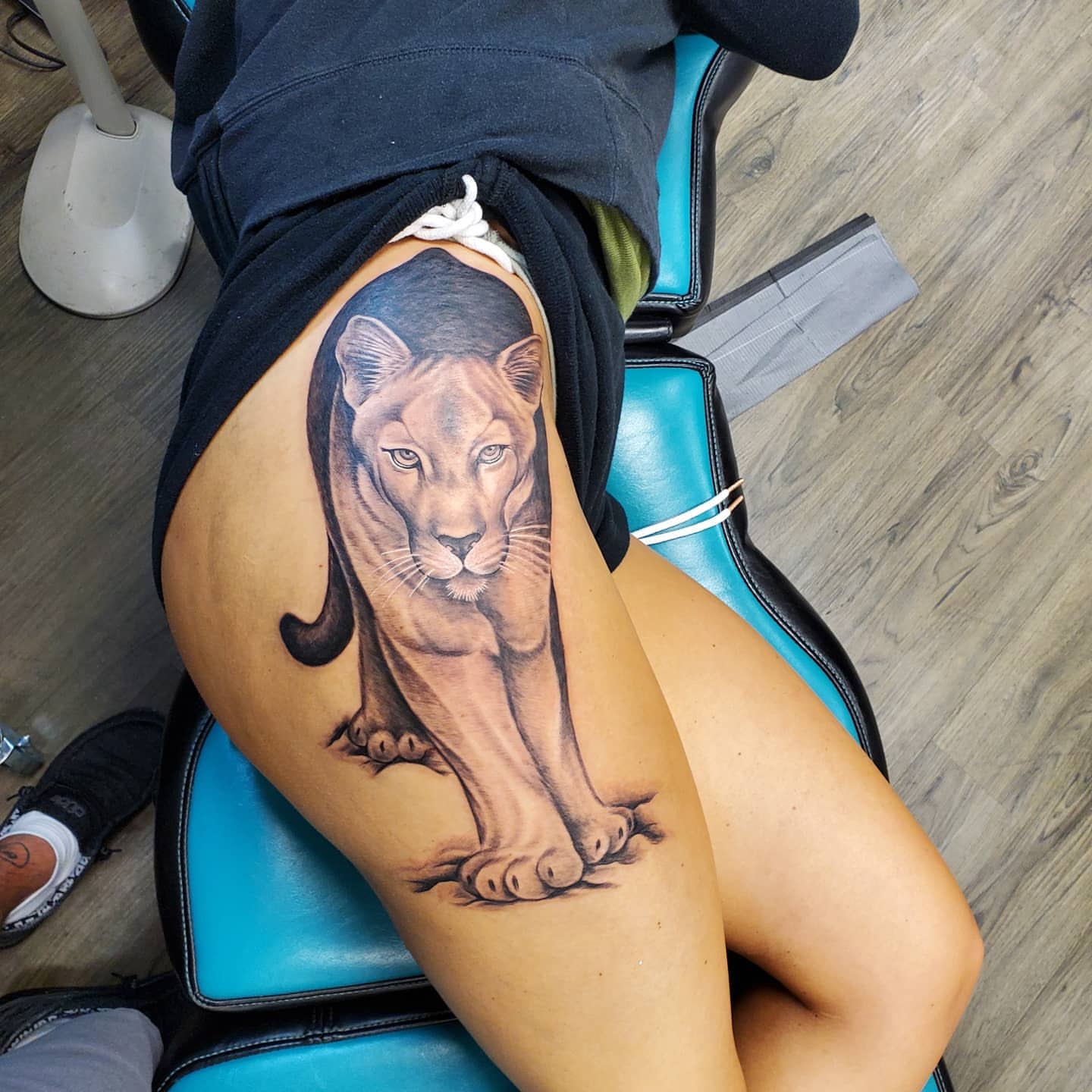 Lion realism tattoo on the thigh by @stevison15