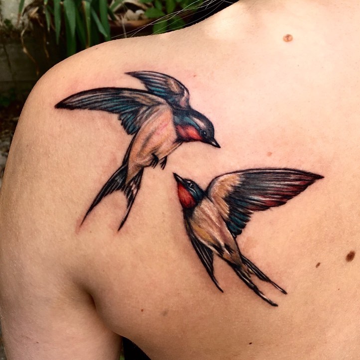 Swallows realism tattoo on the shoulder by Ray Marie