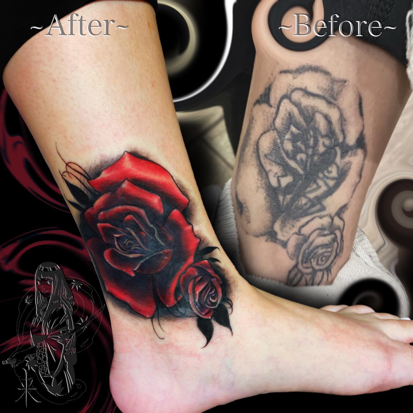 Red roses realism tattoo on the foot by Saint Jimmy