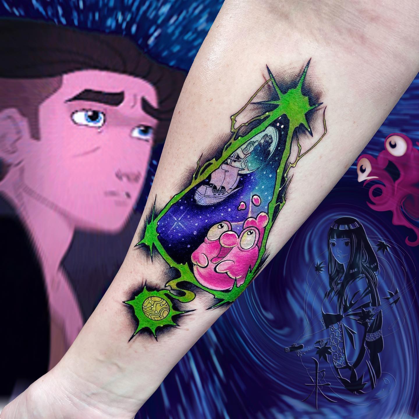 Galactic scene with alien creatures anime tattoo on the forearm by Saint Jimmy