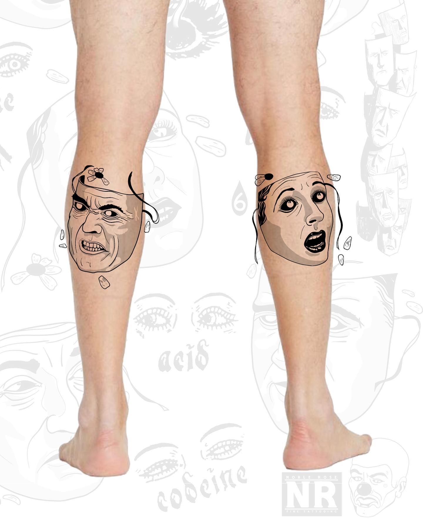 Angry face black and grey tattoo on the calf by πππ πππππππ