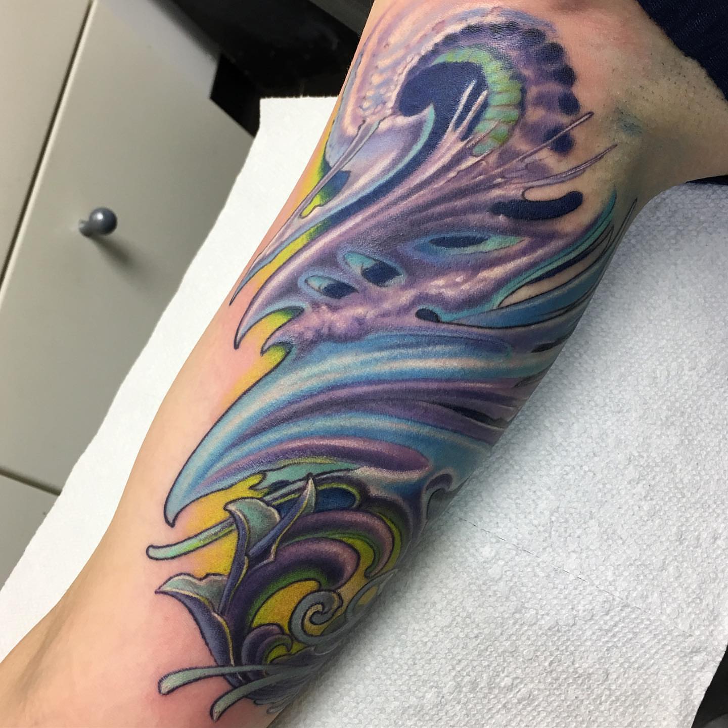 Peacock feather new school tattoo on the forearm by Shaine Smith, Durham, North Carolina