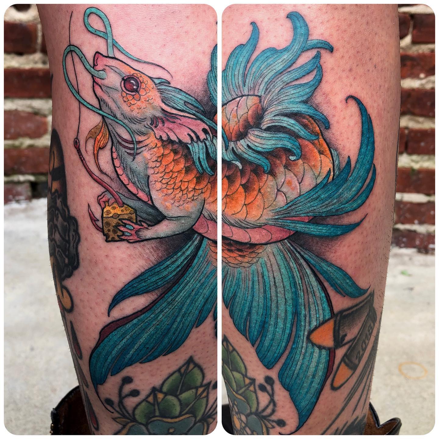 Koi fish American traditional tattoo on the leg by Erin Chance