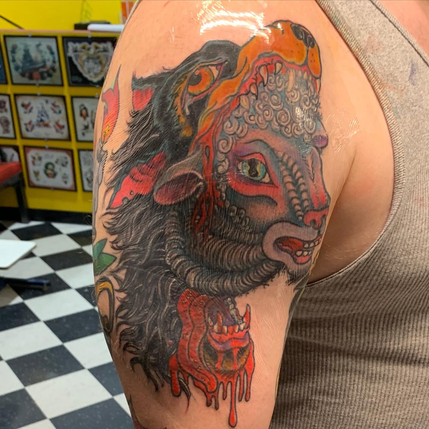 Bull American traditional tattoo on the shoulder by Edward Choat