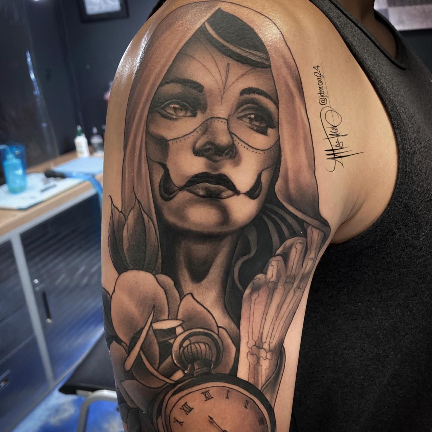 Tattoo by @jdmroxy_24 — realism, black_and_grey