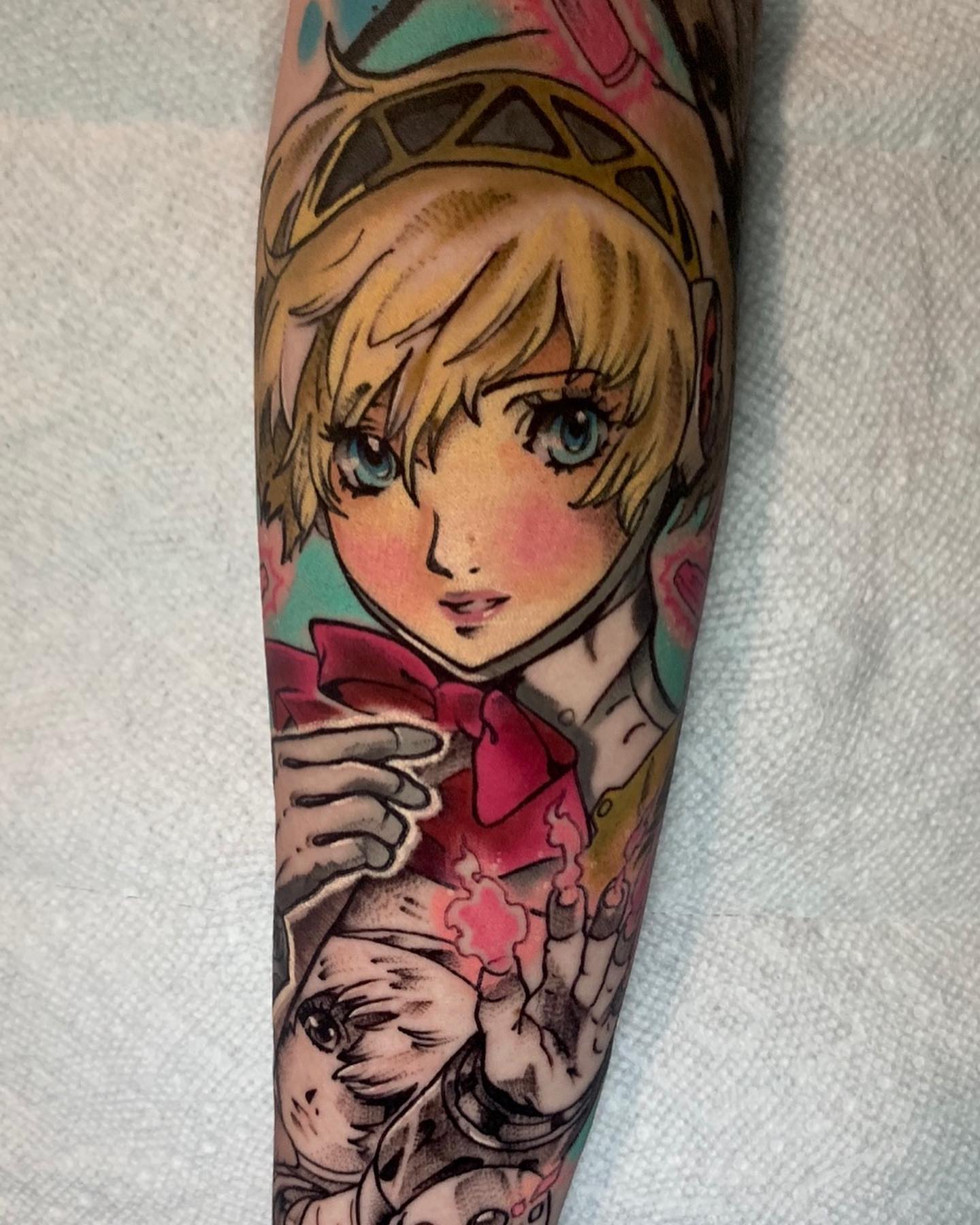 Anime character anime tattoo on the forearm by Kara Klenk