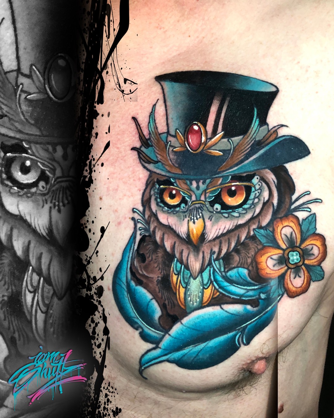 Owl wearing top hat new school tattoo on the chest by Mike Shultz