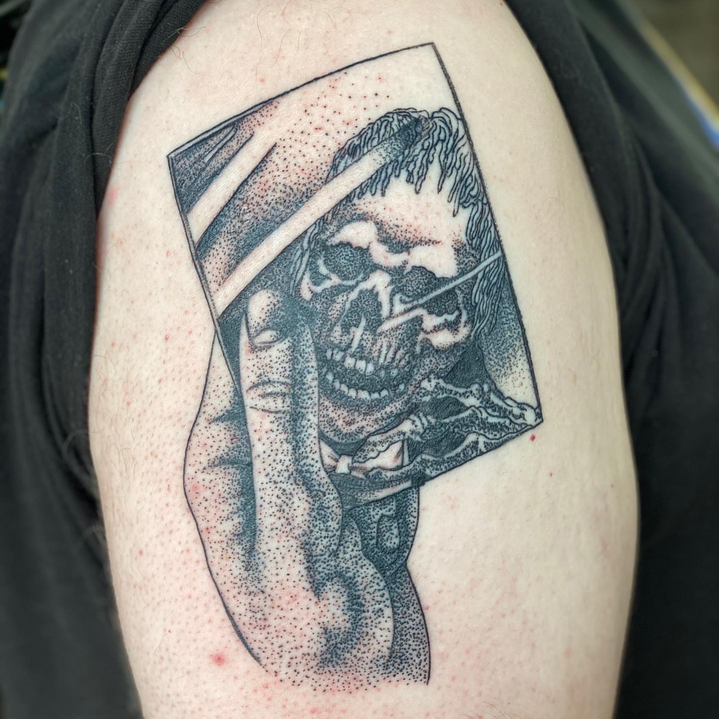 Grim reaper dotwork tattoo on the shoulder by 𝕤𝕒𝕣𝕒𝕙 𝕞𝕠𝕣𝕒𝕟📌, Dayton, Ohio