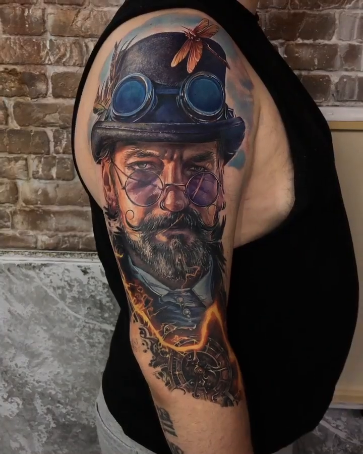 Steampunk portrait realism tattoo by Dmitriy Paramonov πΊπ¦