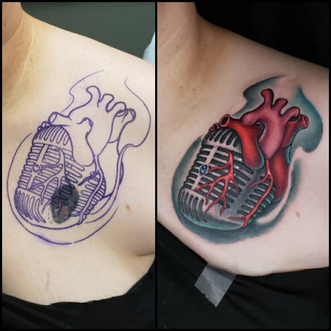 Heart and microphone realism tattoo on the chest by Don Taylor