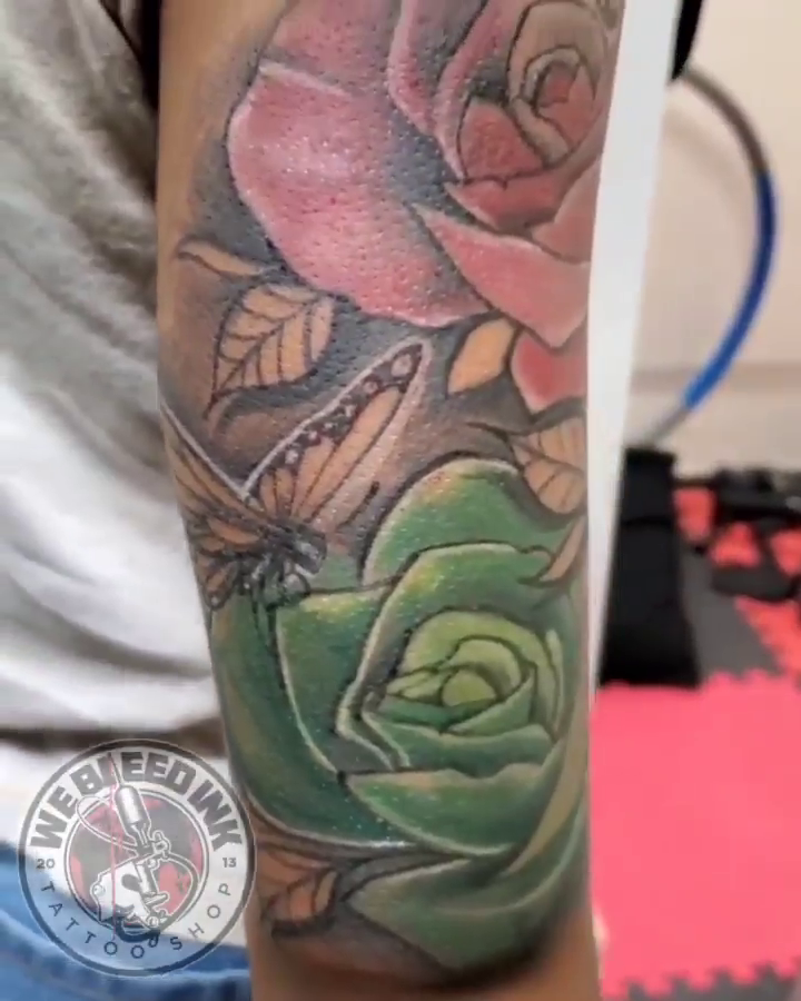 Roses and butterflies neo-traditional tattoo by call (504)441-9275 for info