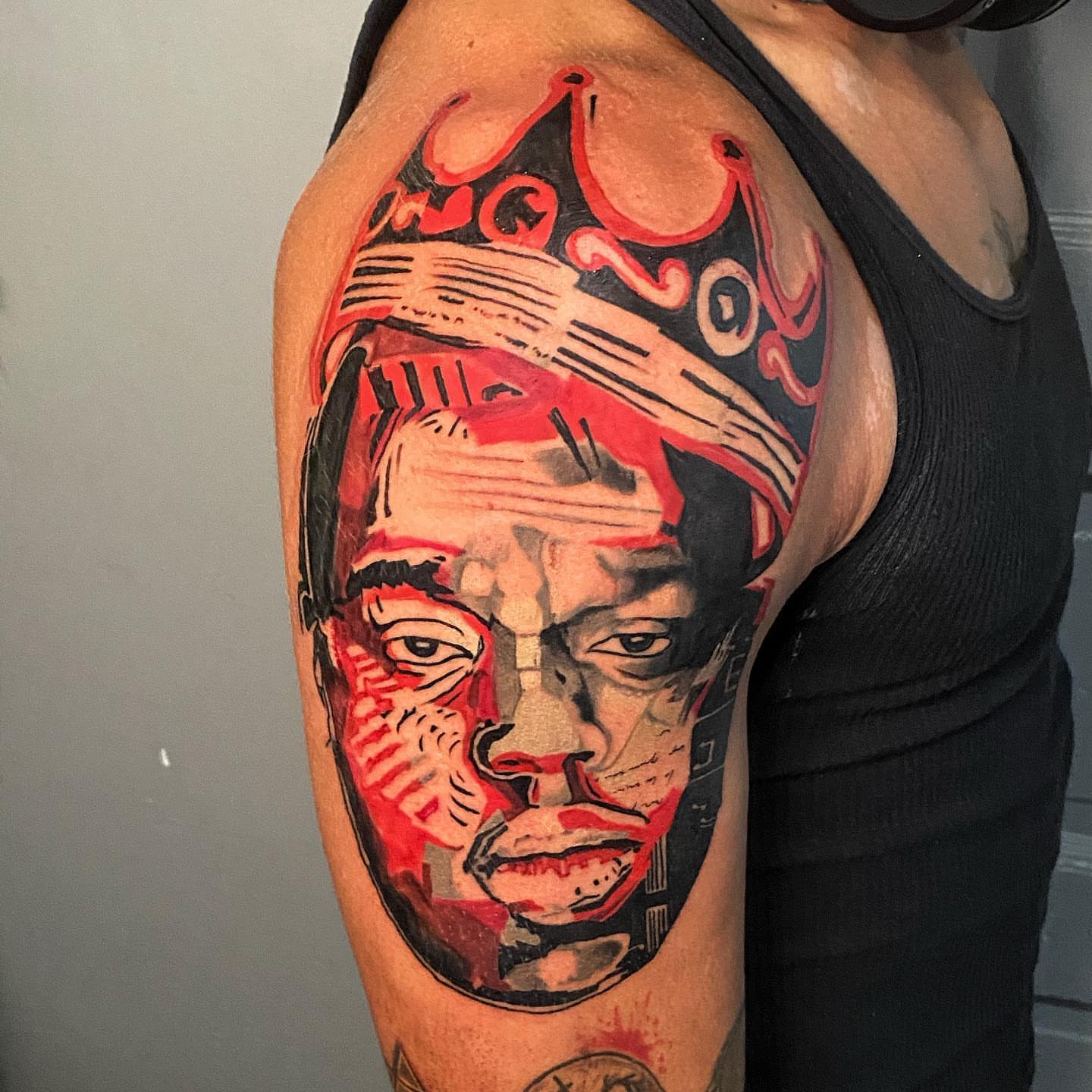 Portrait realism tattoo on the shoulder by Bill Johenning, Lakewood, Ohio