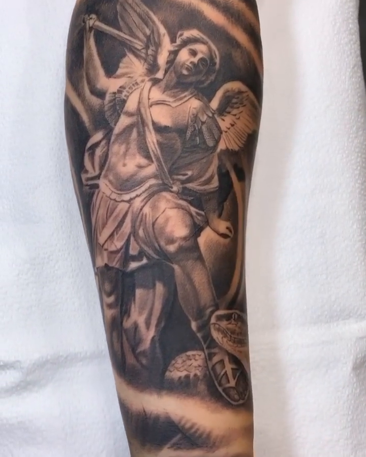 Angel with sword and shield realism tattoo by BJ