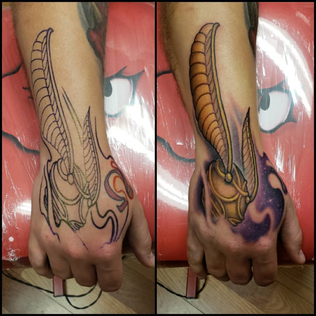 Winged dragon American traditional tattoo on the hand by Don Taylor