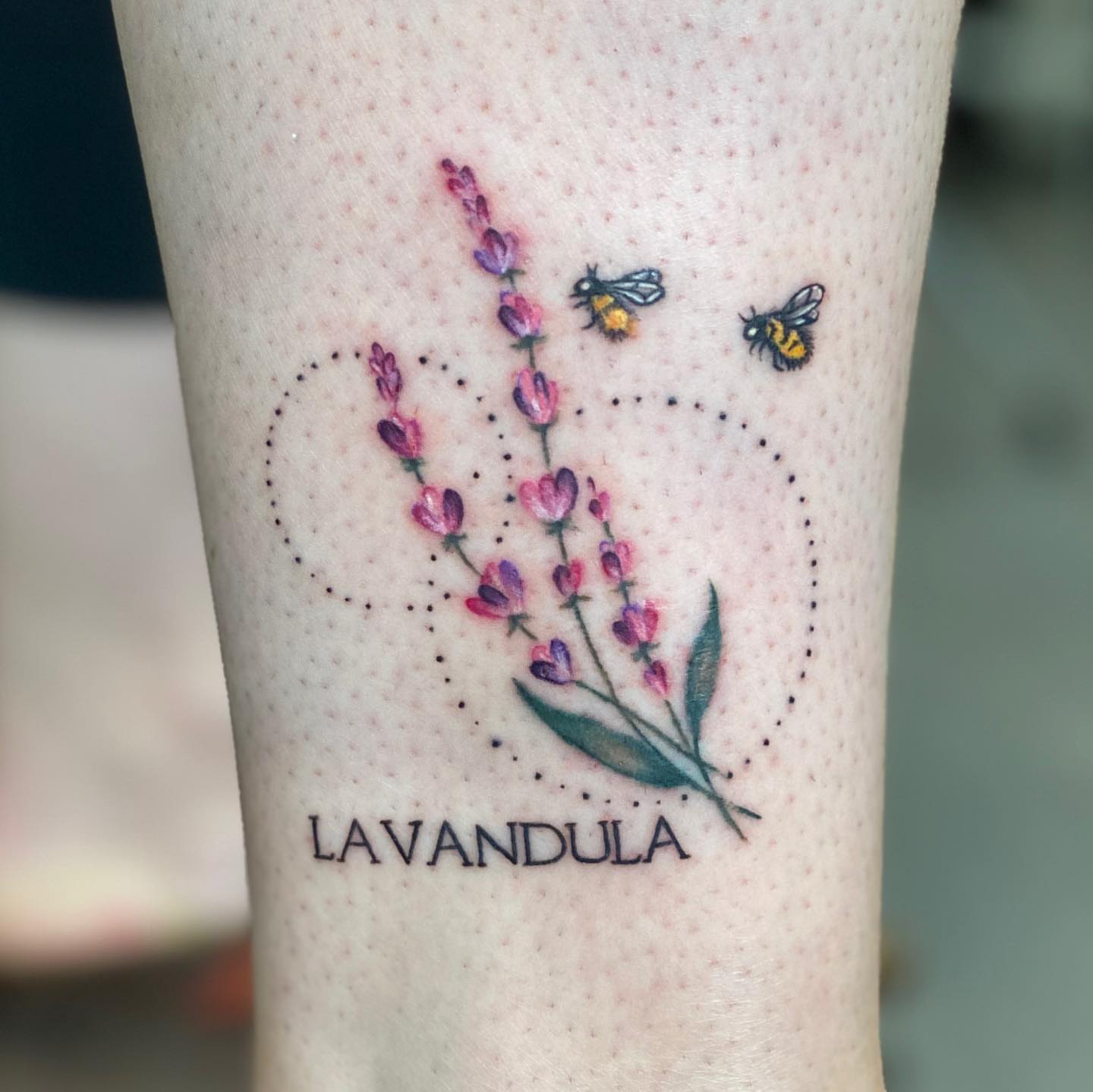 Lavender and bees dotwork tattoo on the forearm by 𝕤𝕒𝕣𝕒𝕙 𝕞𝕠𝕣𝕒𝕟📌, Dayton, Ohio