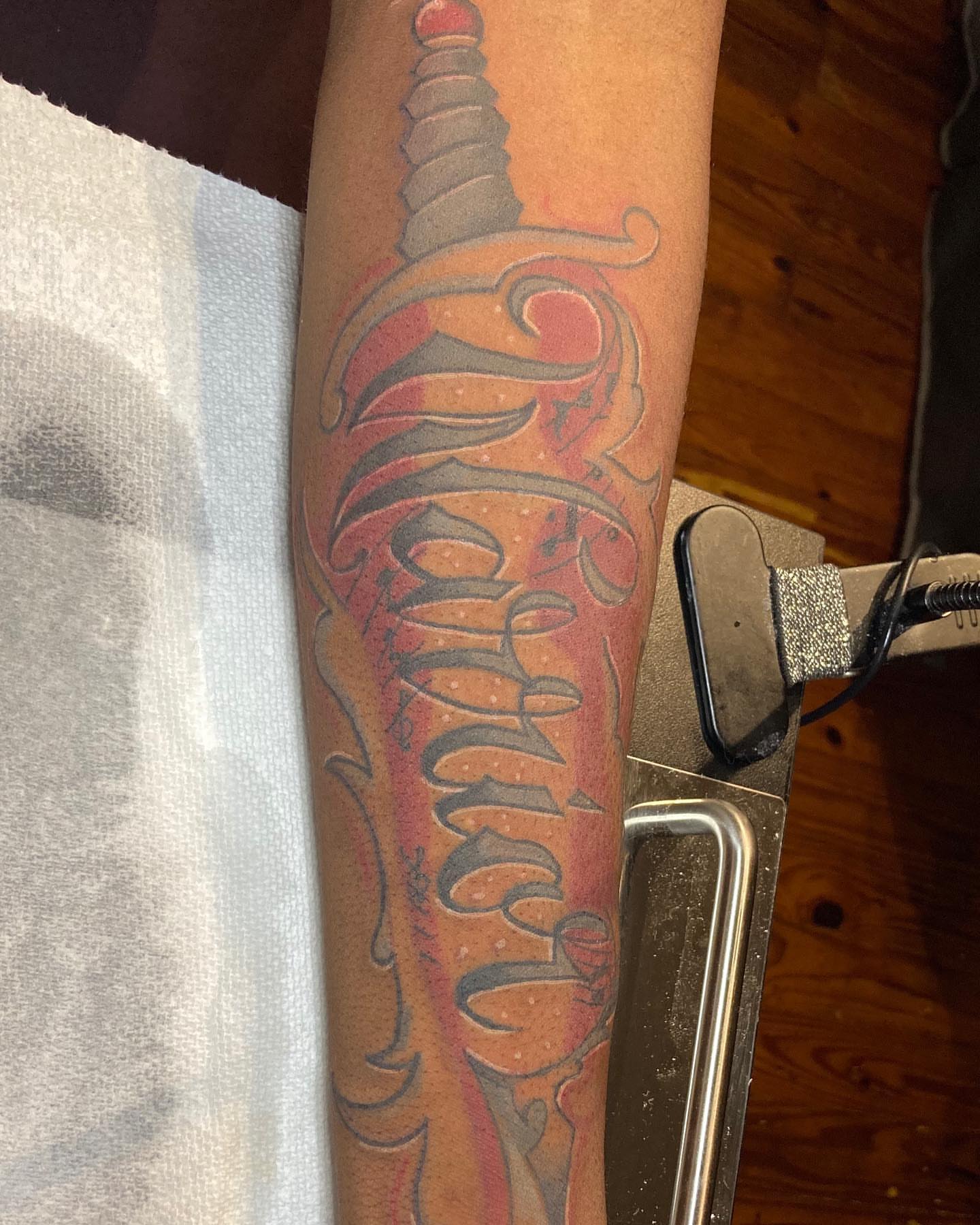 Script lettering lettering script tattoo on the forearm by Dre Inks