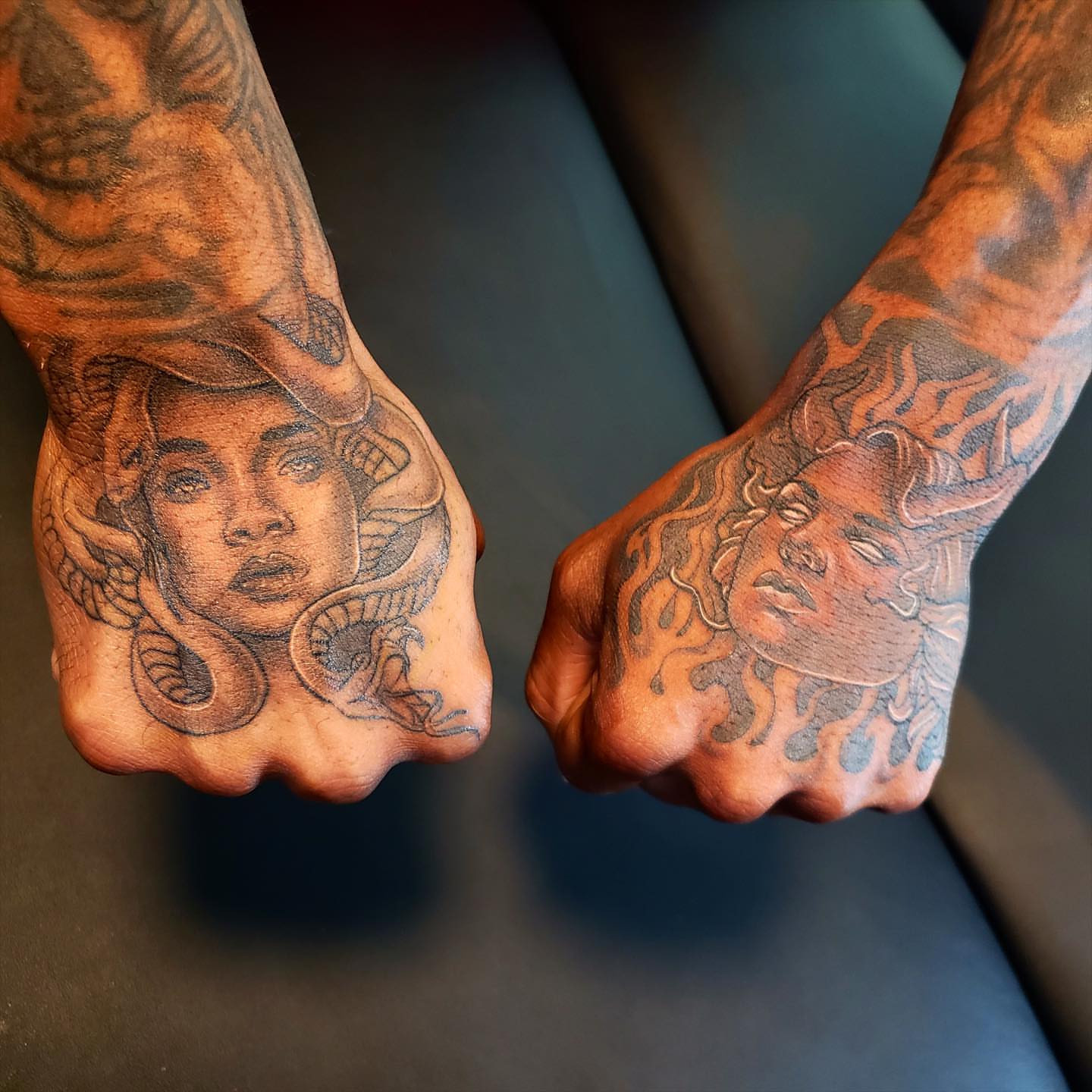 Woman with snakes neo-traditional tattoo on the hand by Artfabn