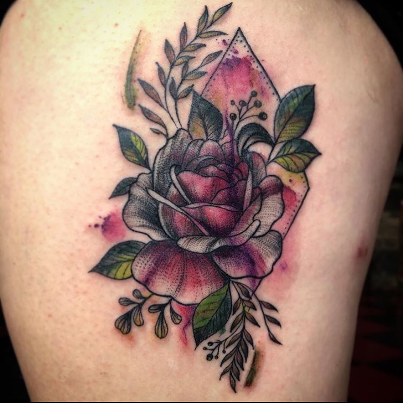 Rose dotwork tattoo on the shoulder by Caitlin Curtis Tattoos & Booking, Dayton, Ohio
