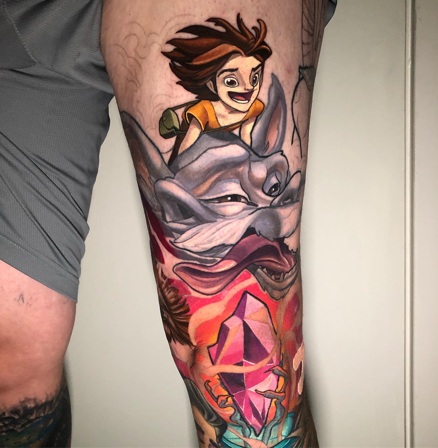 Stitch and boy geometric tattoo on the forearm by Tim Stafford