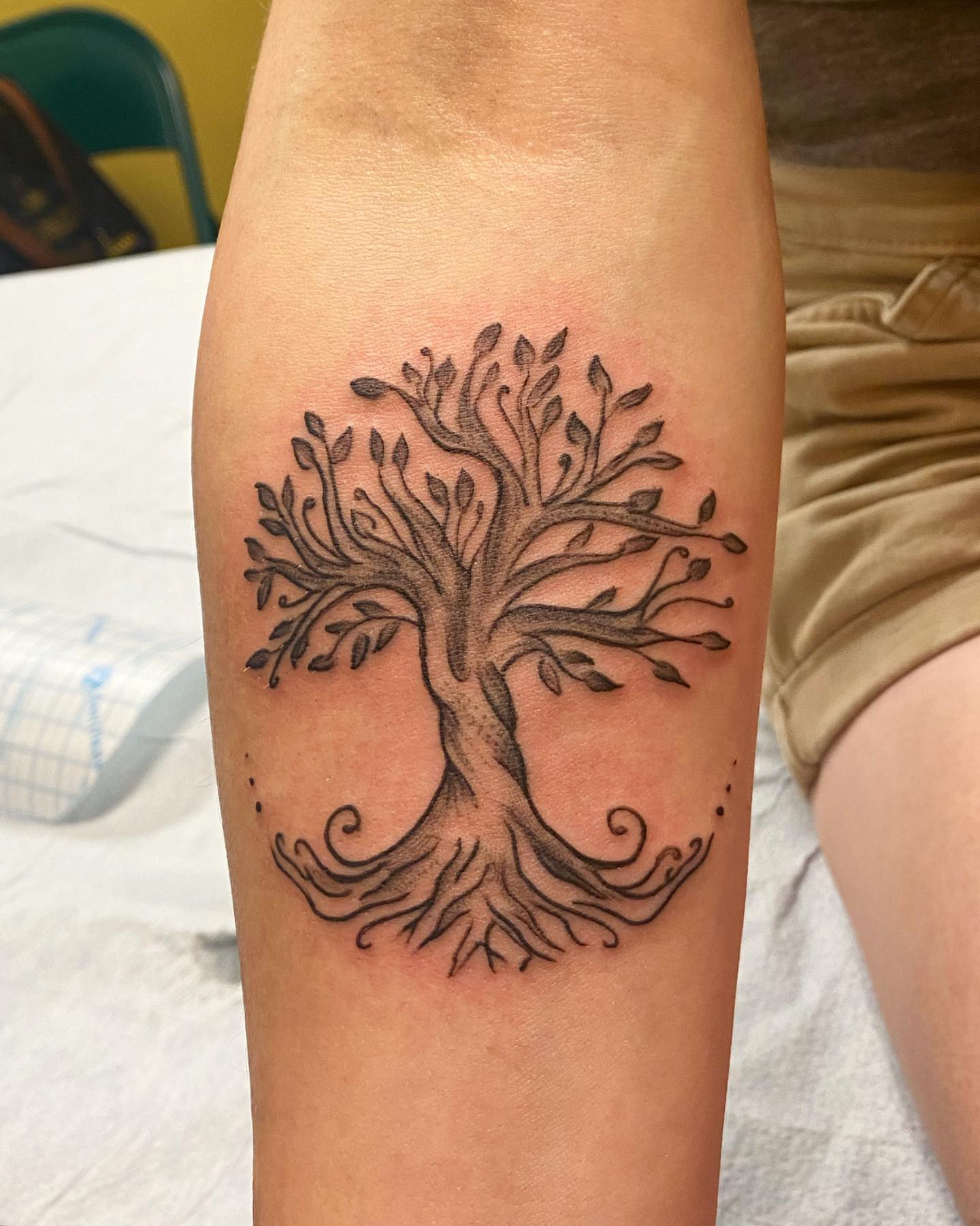 Tree black and grey tattoo on the forearm by Sally Darling