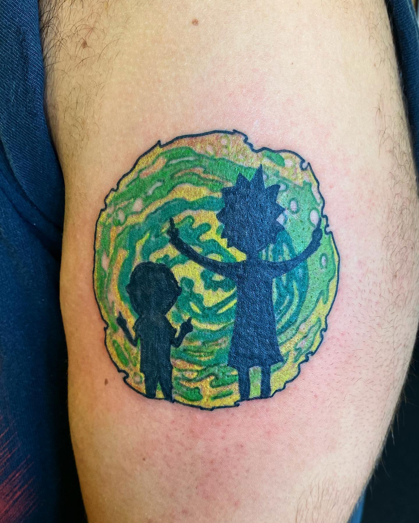 Rick and morty dotwork tattoo on the thigh by Sally Darling