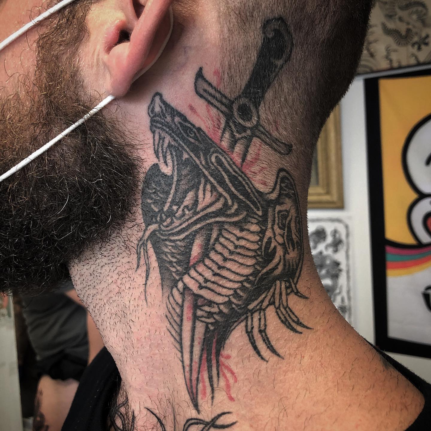 Skeleton with sword black and grey tattoo on the neck by Jay Breen