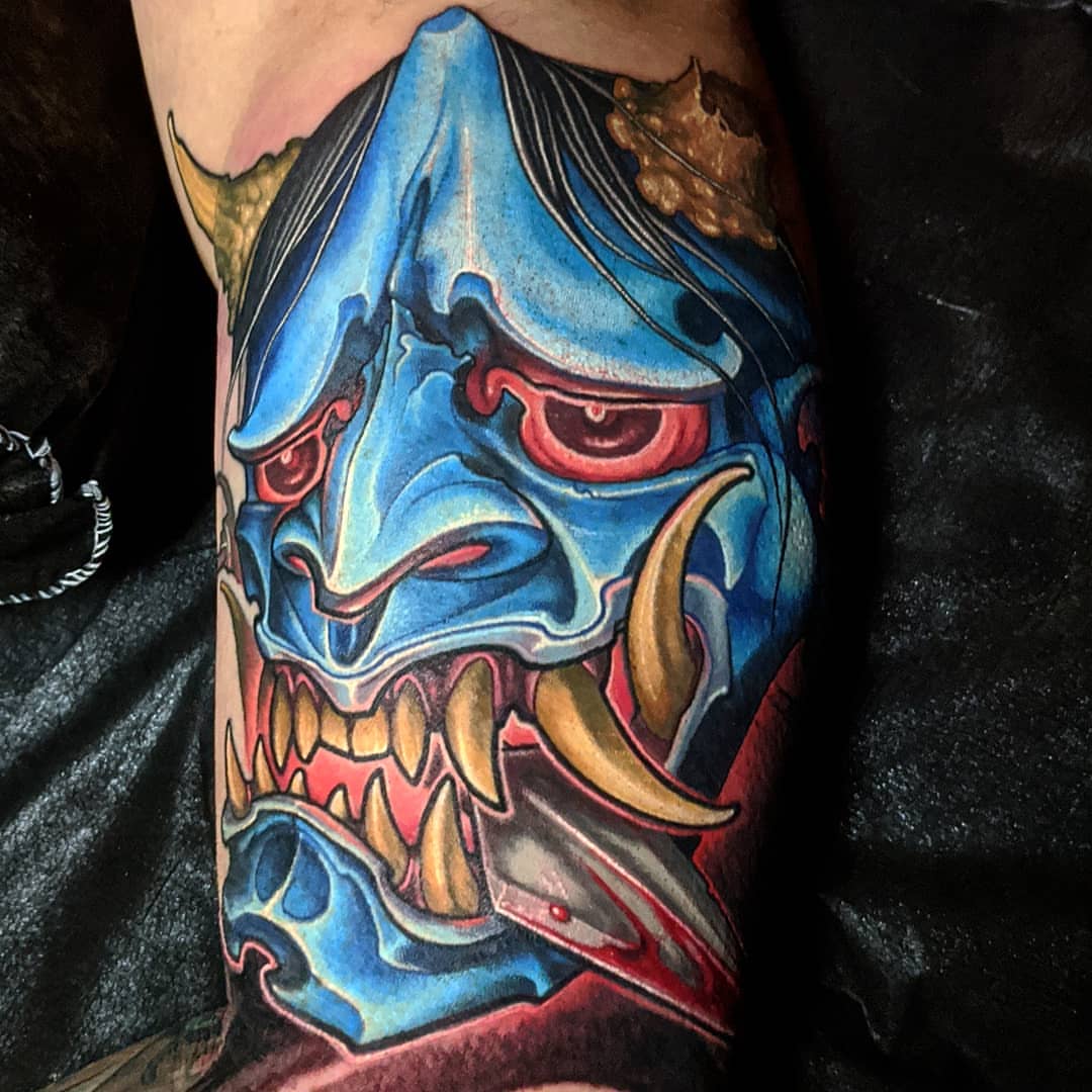 Demon mask japanese irezumi tattoo on the forearm by Matt Driscoll
