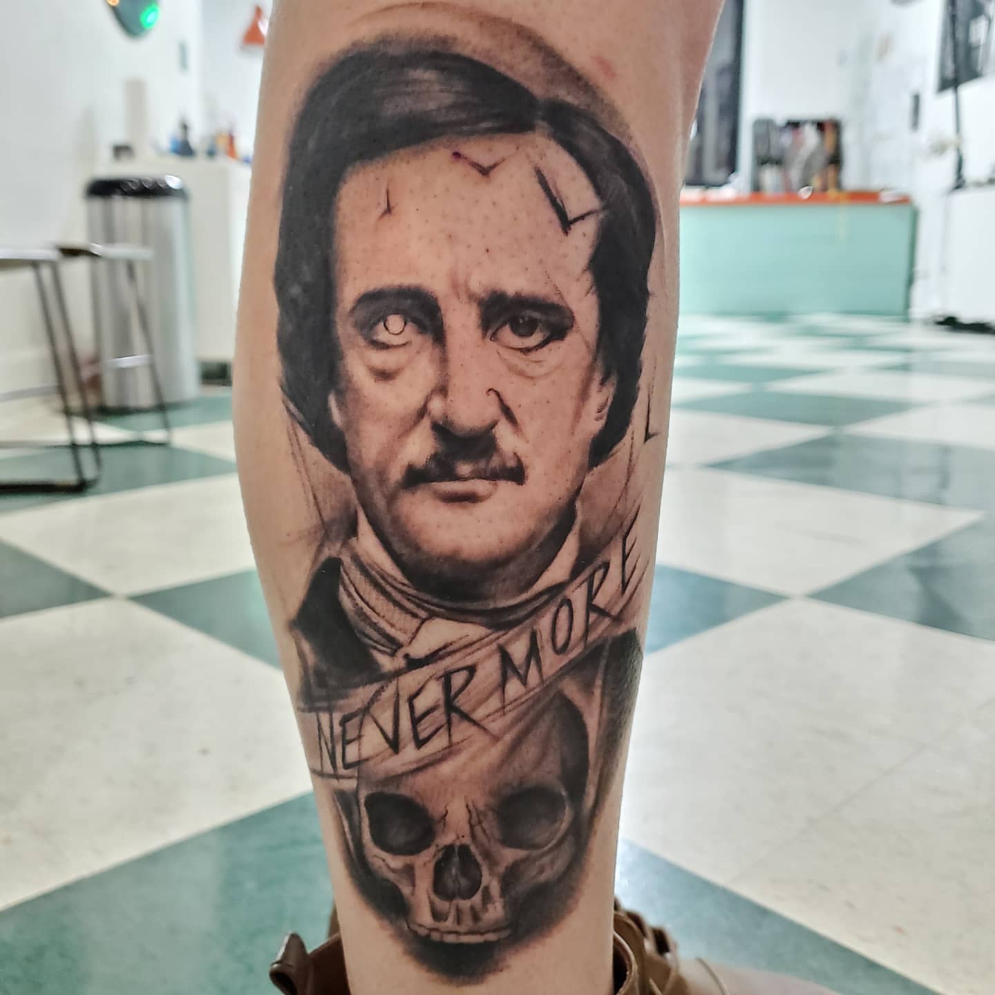 Edgar Allan Poe realism tattoo on the forearm by David Nash, Evansville, Indiana