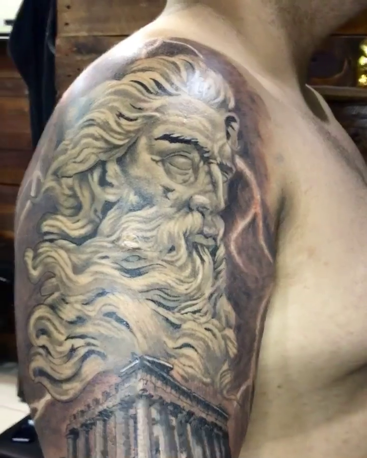 Zeus and the Parthenon realism tattoo on the upper arm by PrimaTa’ttoo_021