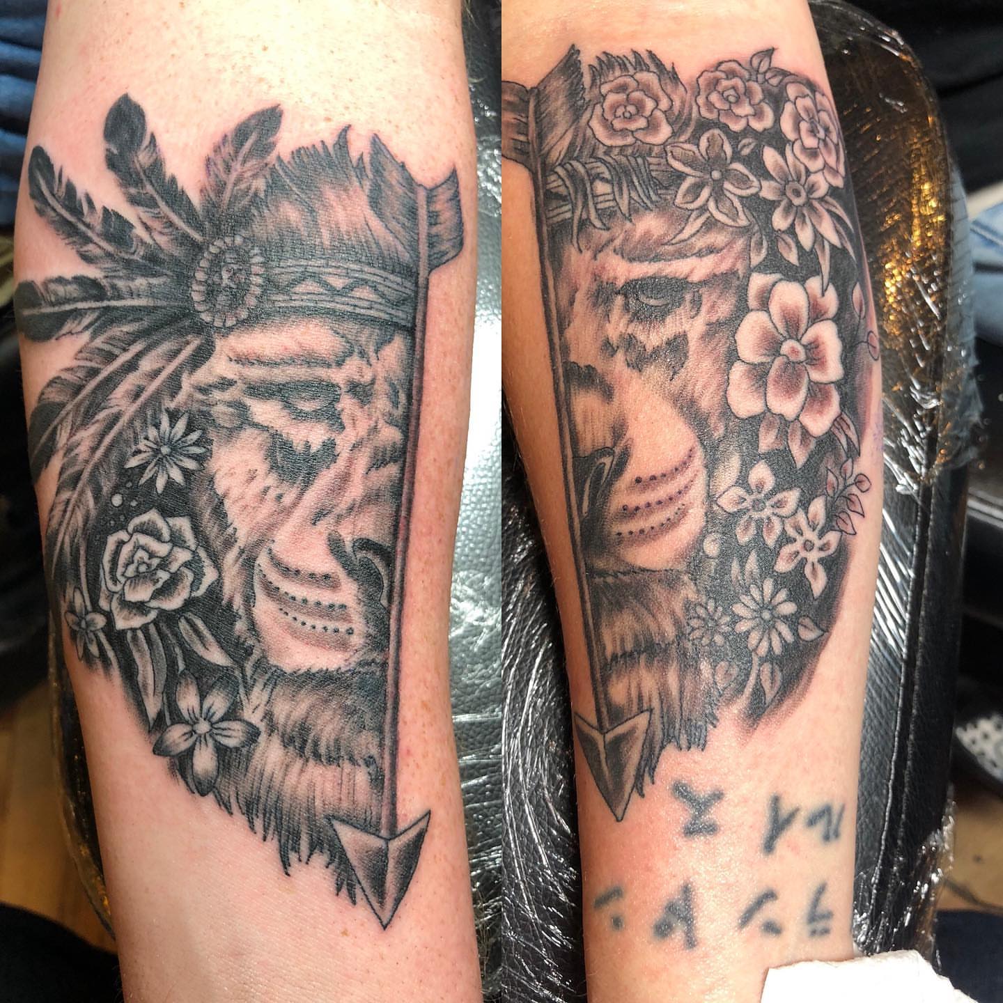 Indian chief and lion American traditional tattoo on the forearm by A.W.