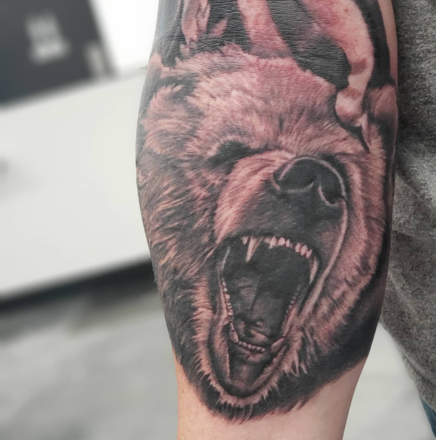 Wolf realism tattoo on the forearm by Jon Goad