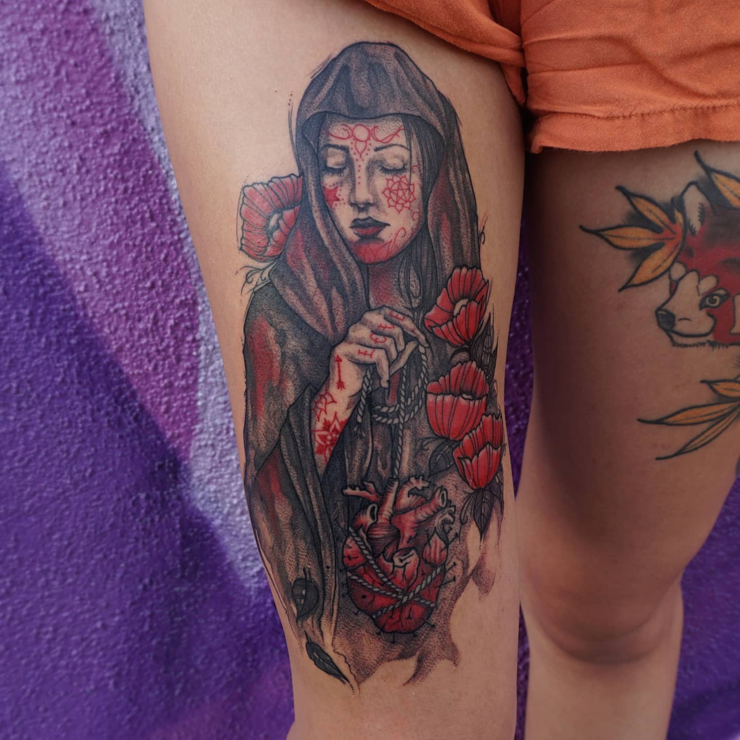 Woman with poppies dark realism tattoo on the thigh by Gail Howard Perry III