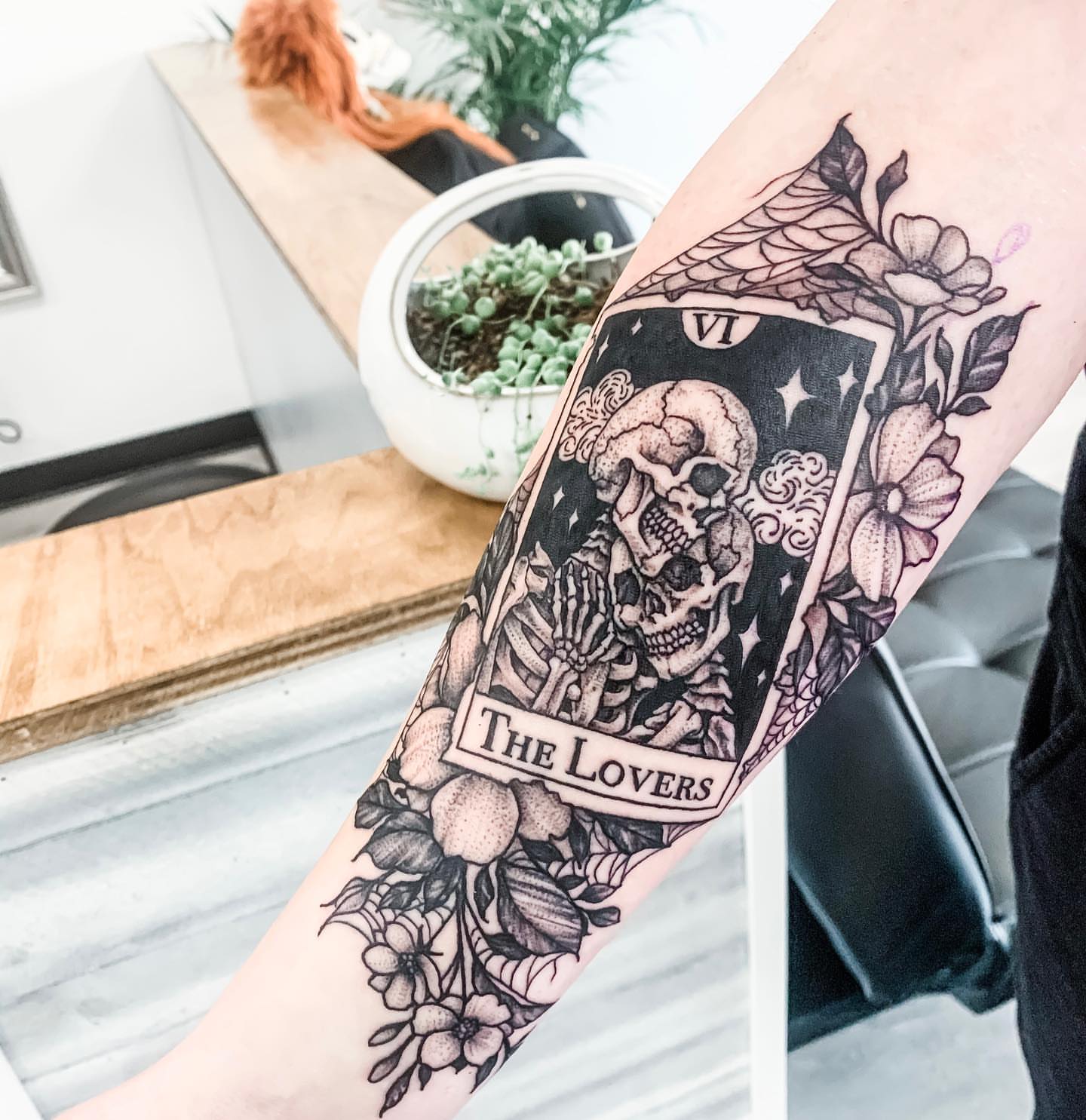The lovers tarot card realism tattoo on the forearm by Amber Joy (AJ)