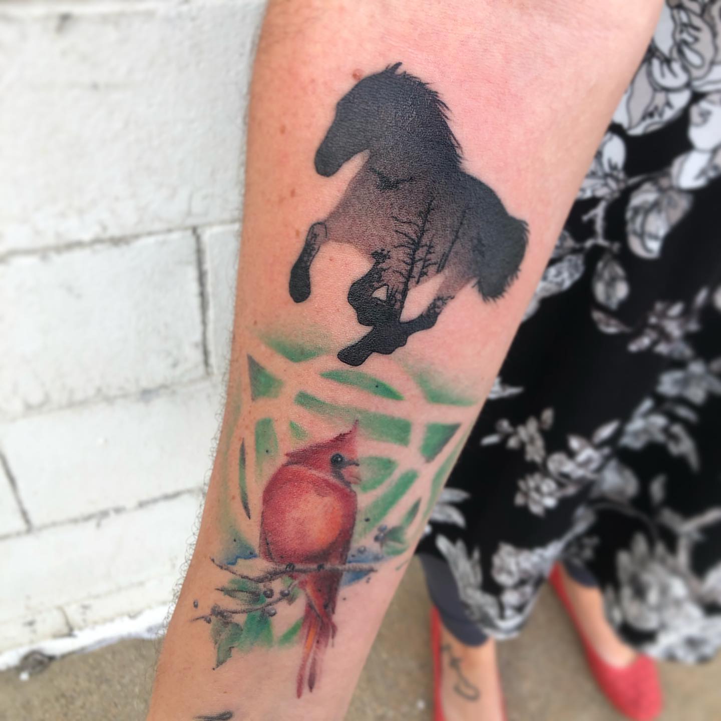 Horse and cardinal watercolor tattoo on the forearm by Nick Jones (Buttonsandfaders)