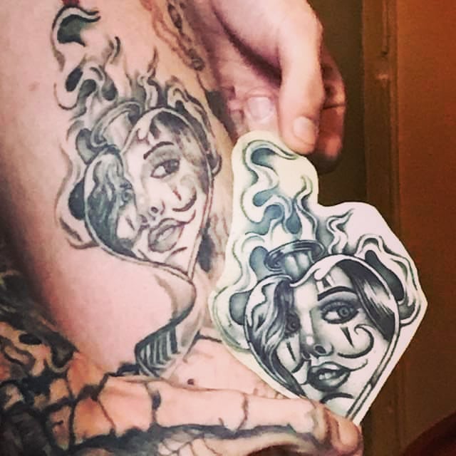 Woman's face American traditional tattoo on the forearm by Louie Vee Guddah