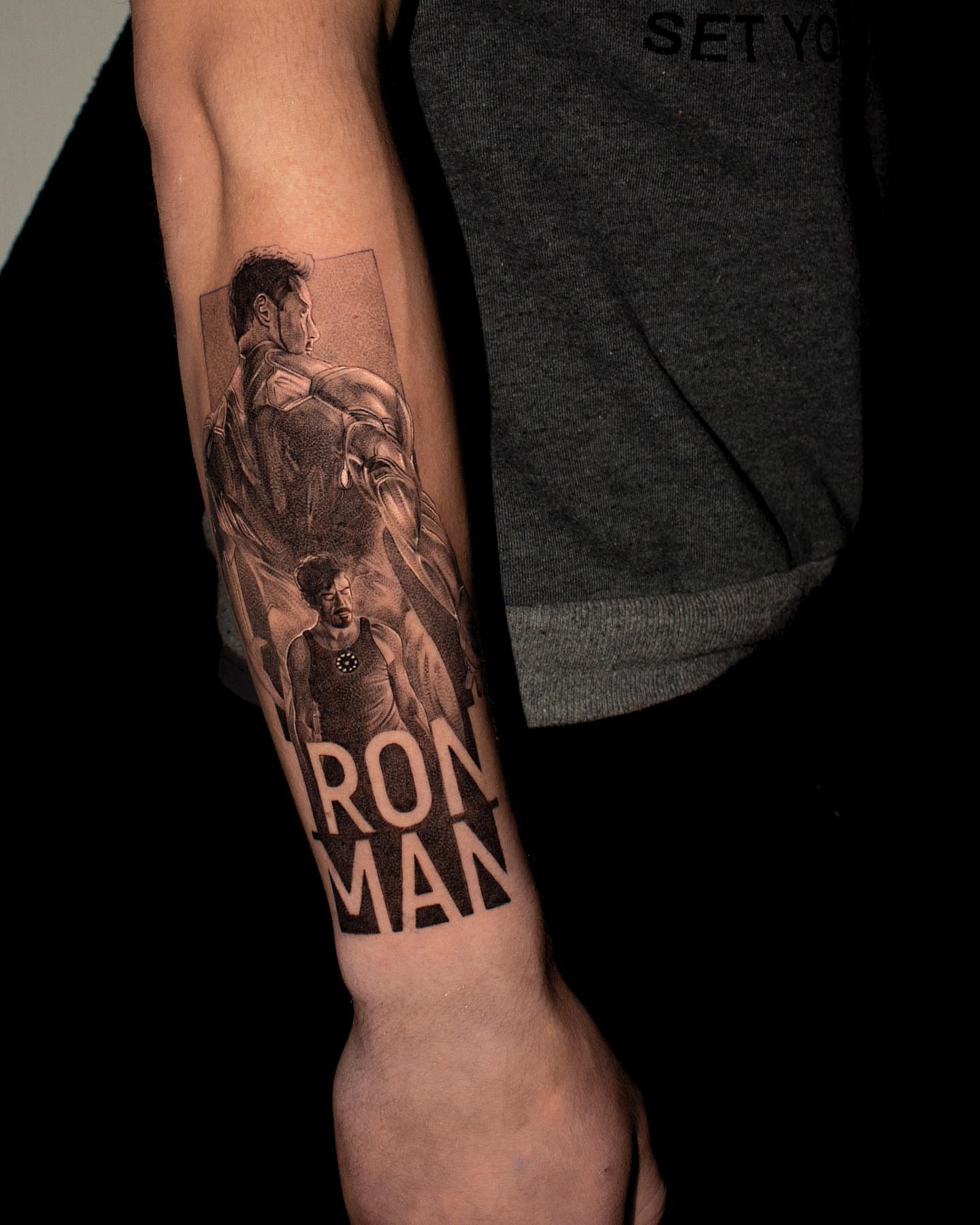 Iron man dotwork tattoo on the forearm by Nikita Grinenko, San Francisco